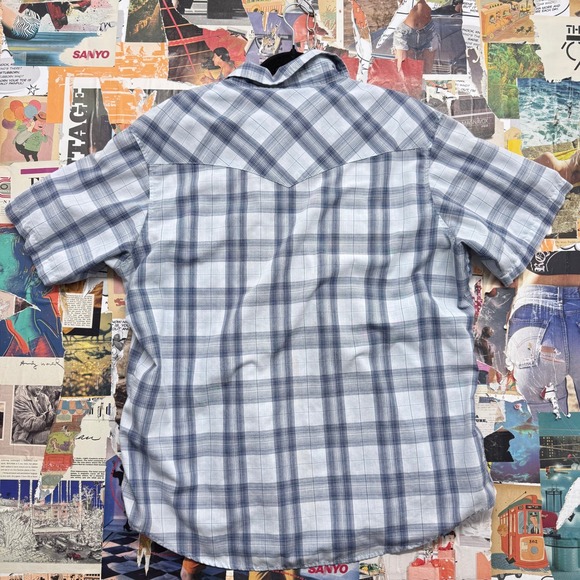 Wrangler Western Shirts Mens Plaid Short Sleeve‎ Pearl Snap Button Shirt Blue - Picture 6 of 6